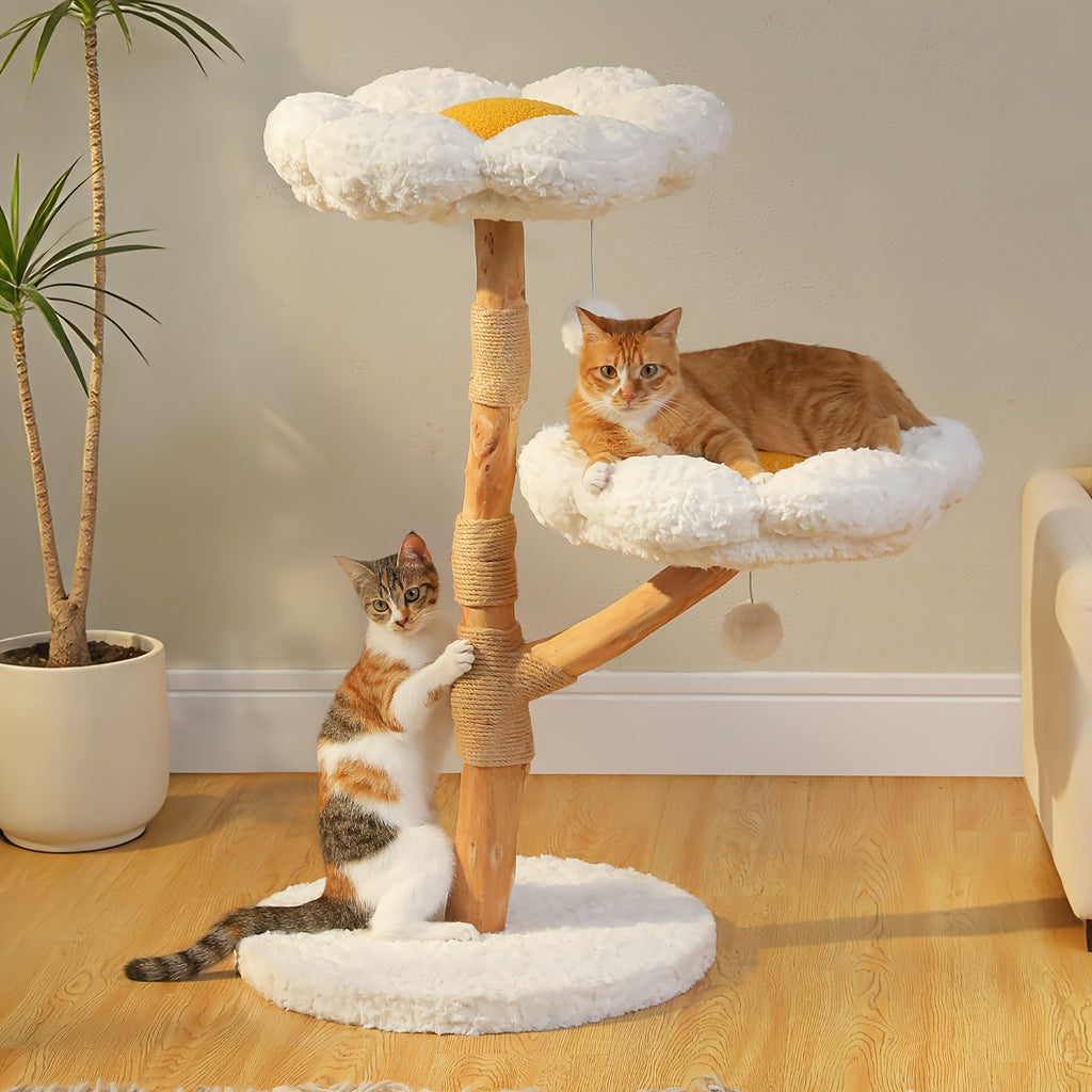 Flower Cat Tree with Floral Perches and Scratching Posts, Wooden Bohemian Indoor Cat Tower Furniture in White and Brown Style Options
