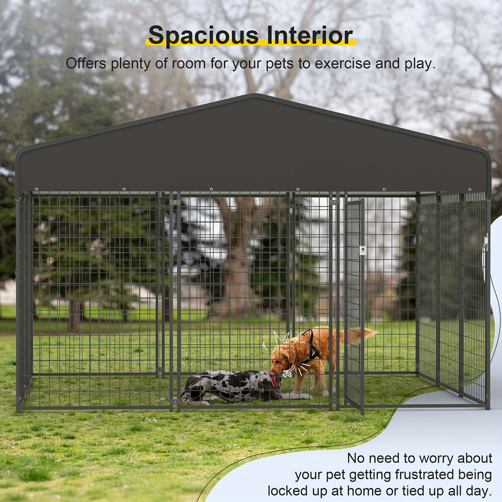 Outdoor Dog Run Enclosure with Roof Cover, Heavy-Duty Steel Mesh Kennel with Lockable Door and Ground Pegs, Four Size Options for Backyard and Farm