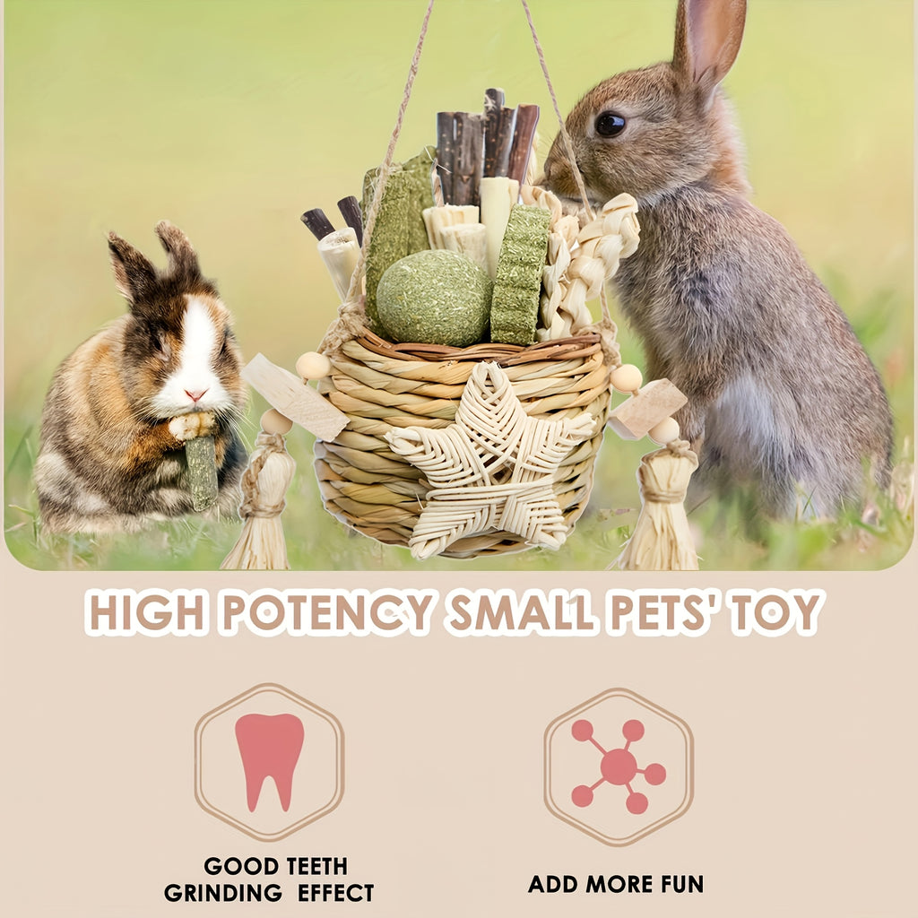 Rabbit Chew Toys Basket for Bunnies and Hamsters, Assorted Chewable Small Pet Enrichment Toys in Classic Style for Supervised Indoor Play