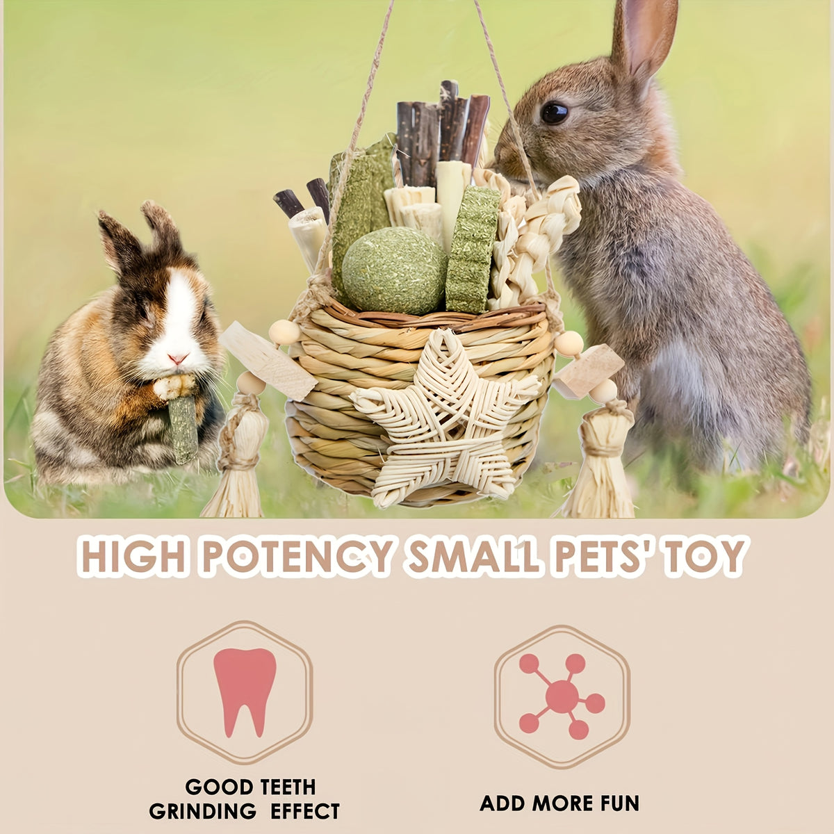 Rabbit Chew Toys Basket for Bunnies and Hamsters, Assorted Chewable Small Pet Enrichment Toys in Classic Style for Supervised Indoor Play