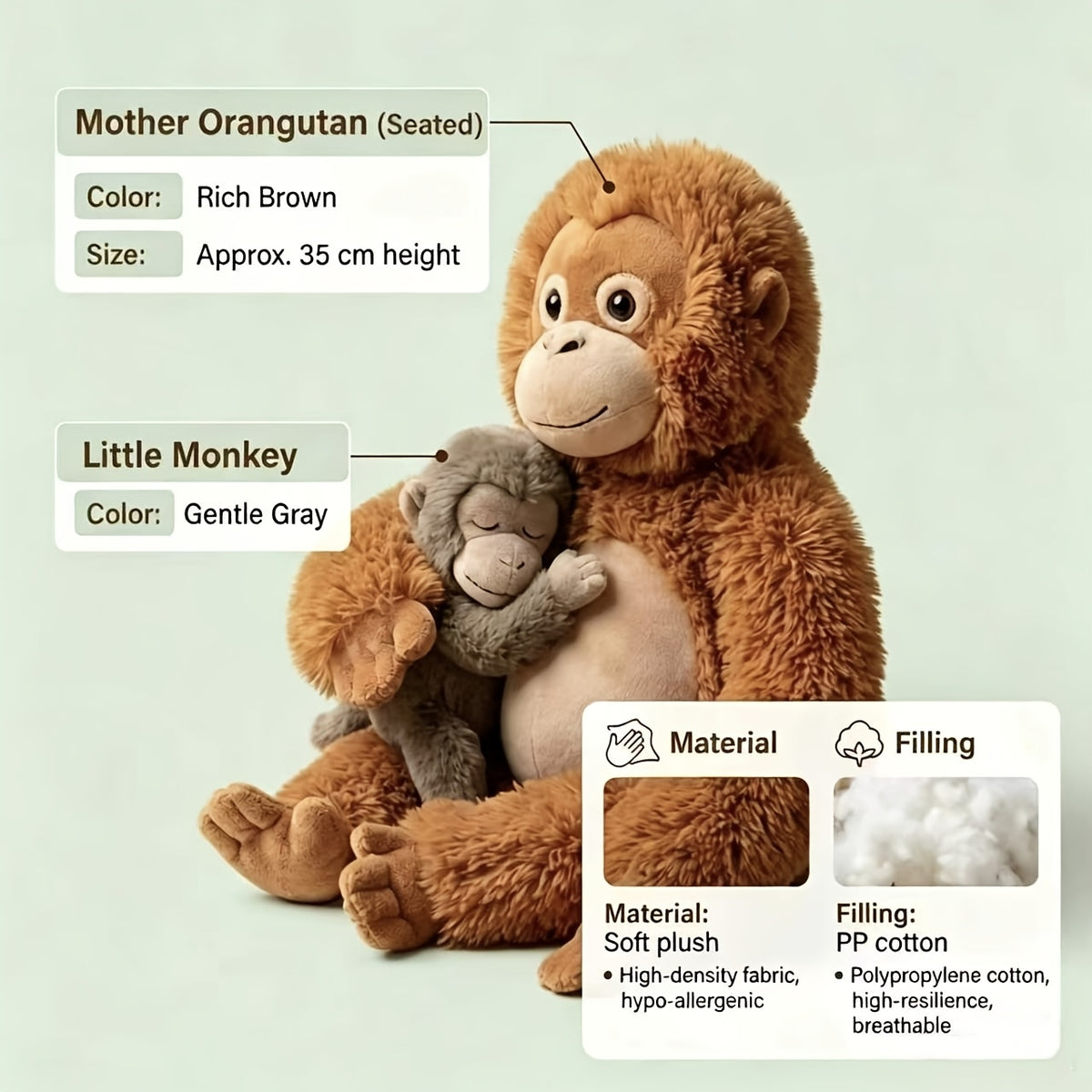 Plush Dog Toy Set, Orangutan Monkey Mom & Baby Cuddle Companions with Soft Fuzzy Texture for Gentle Indoor Play and Pet Lover Gifts