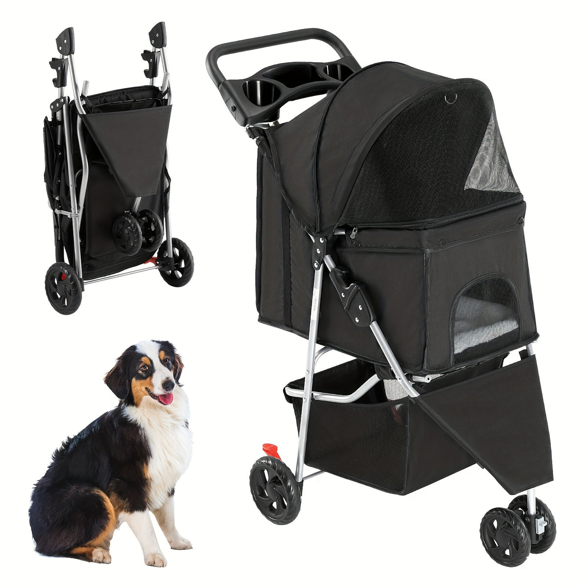 Pet Stroller with Swivel Front Wheel, Three-Wheel Foldable Dog and Cat Pushchair with Mesh Canopy, Storage Basket, Cup Holder and Weather Cover