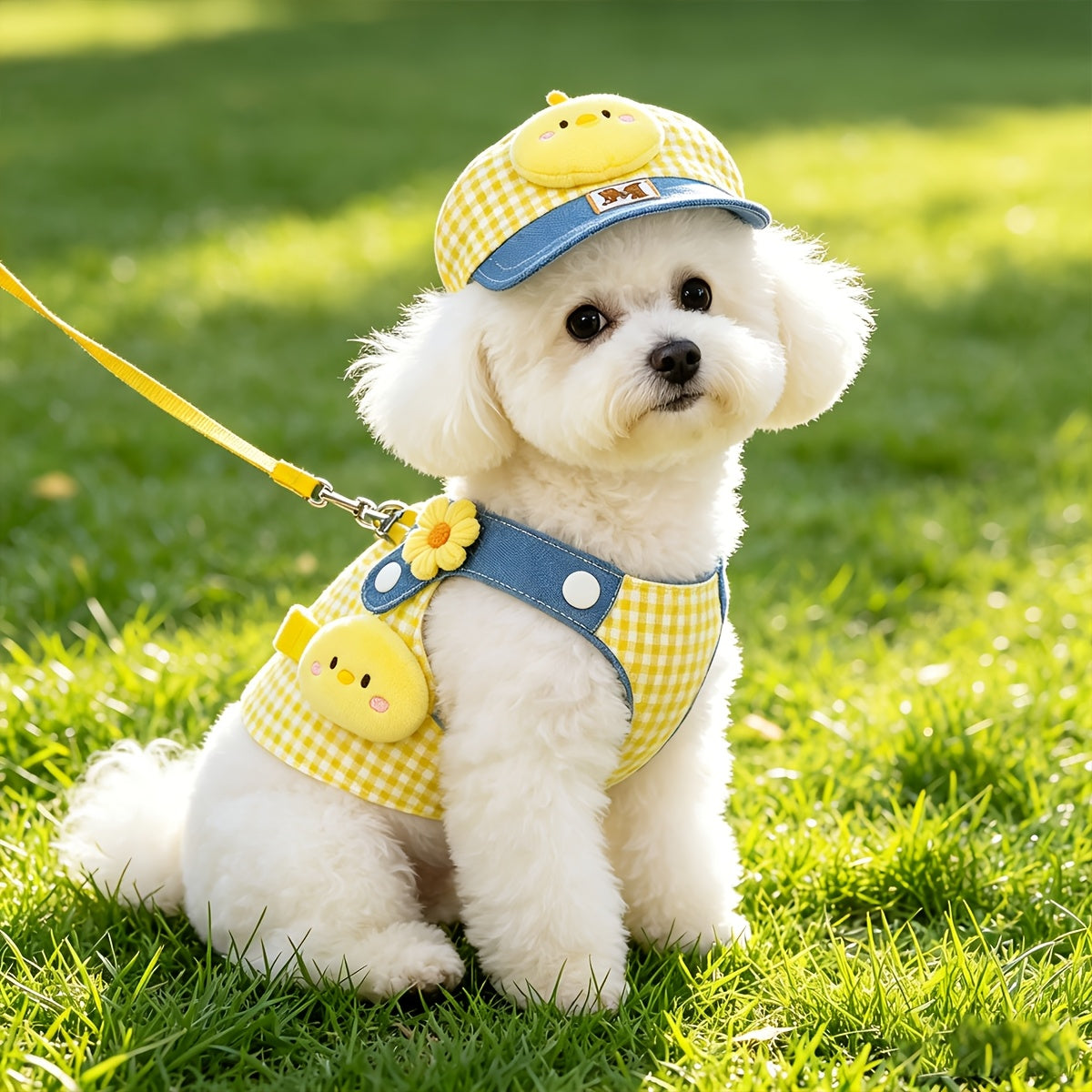 Plaid Dog Harness and Leash Set with Matching Visor Hat, Yellow Gingham Adjustable Mesh Chest Vest for Small to Medium Dogs, XS-XL Walking Outfit