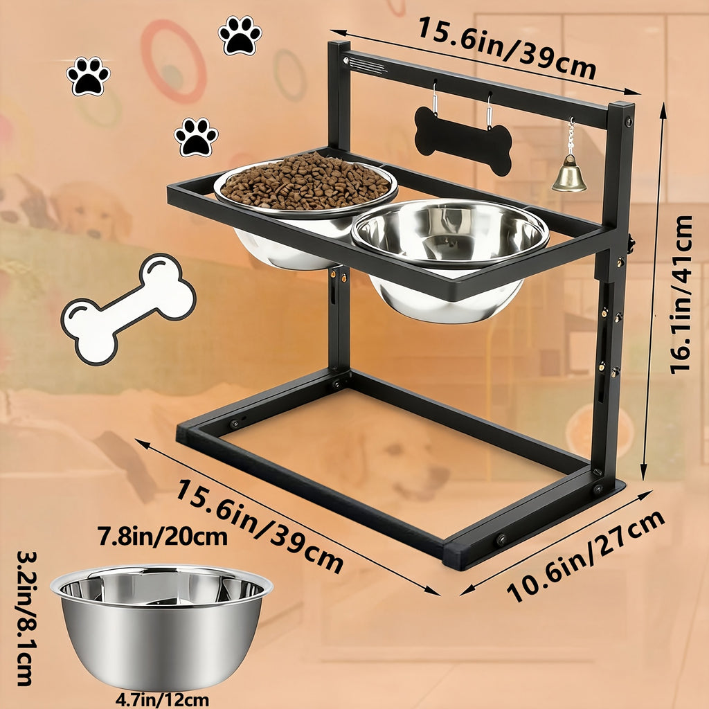 Adjustable Elevated Dog Bowl Stand for Small and Medium Dogs, Black Metal Raised Feeding Station with Two Stainless Steel Food and Water Bowls