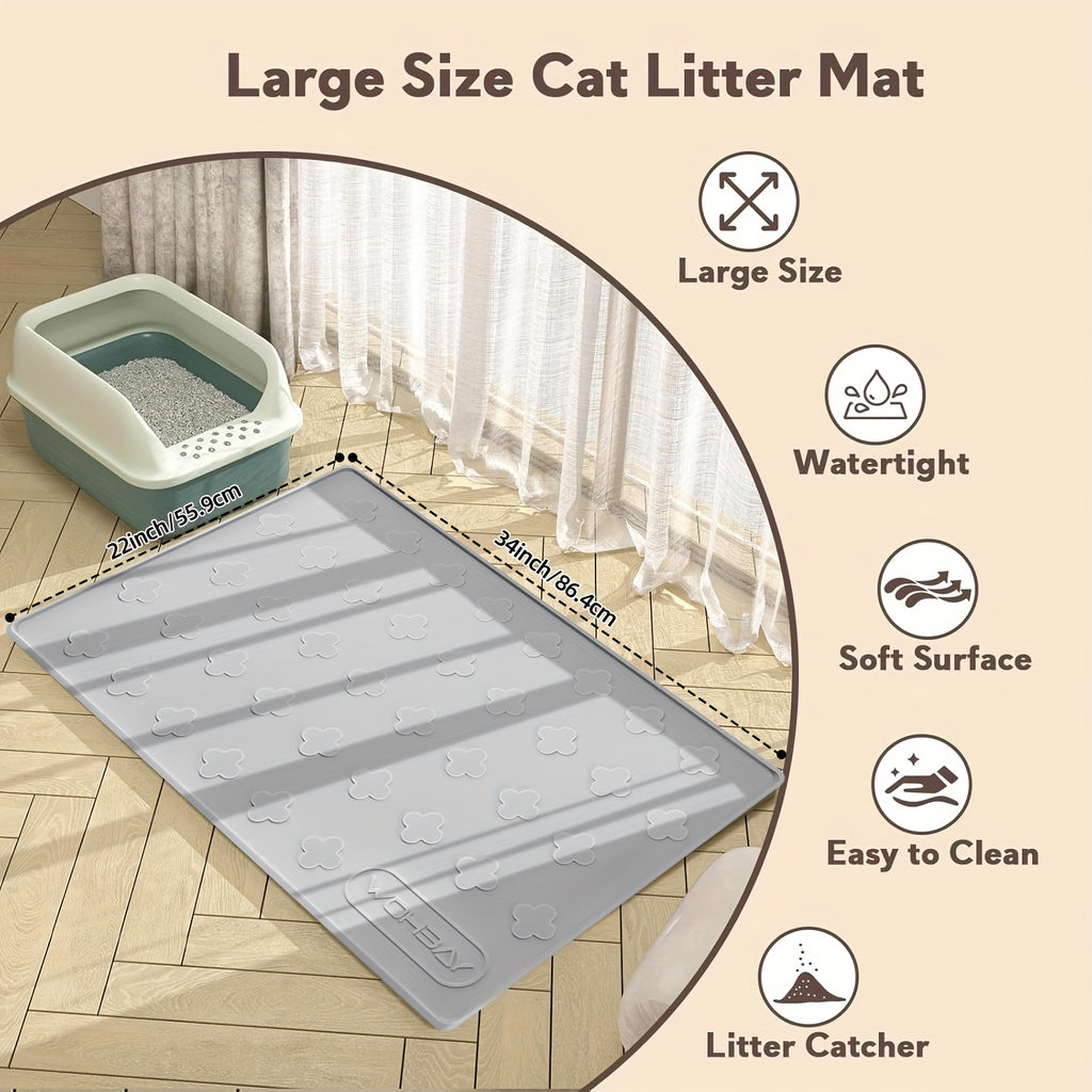 Silicone Cat Litter and Feeding Mat 34 x 22 Inches, 3-in-1 Washable Non-Slip Floor Protector with Raised Edges in Light Grey or Dark Gray