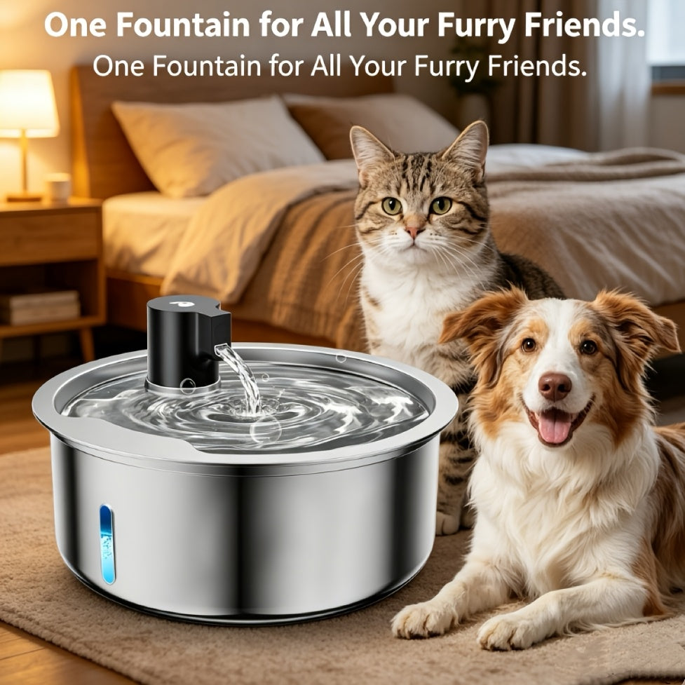 Pet Water Fountain 1.85 Gallon with Filter Bundles, Stainless Steel USB Powered Drinking Dispenser for Cats and Dogs, 5, 8 or 15 Cartridges