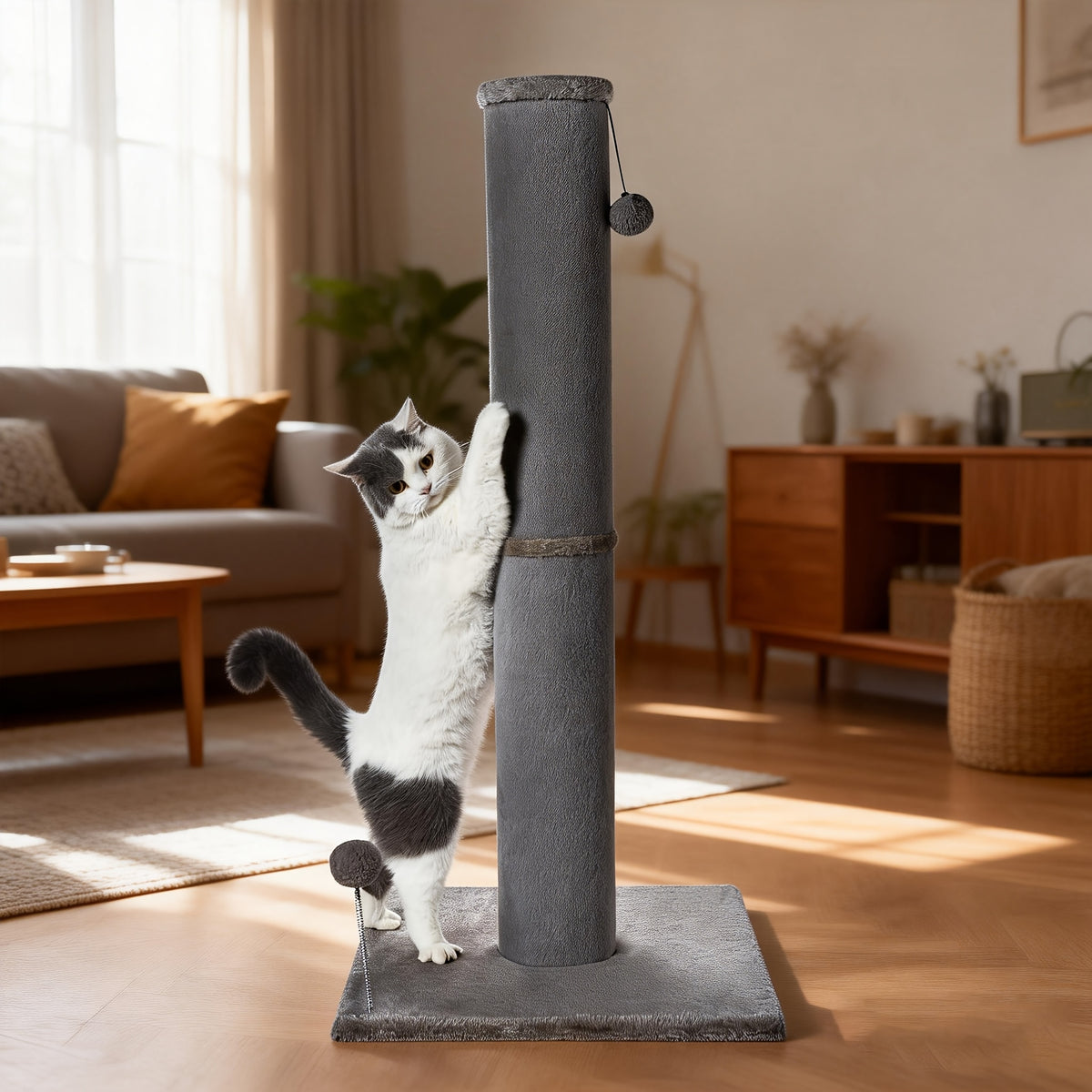 Thick Cat Scratching Post for Large Cats, 41.73-Inch Tall Hardwood Scratcher with 5.7-Inch Column, Heavy Base and Replaceable Toy Balls, Gray