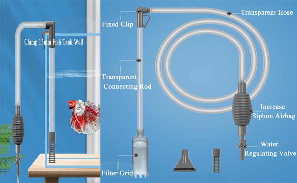Manual Aquarium Gravel Cleaner, 66.93-Inch Gray Reinforced Siphon for Fish Tank Water Changes and Debris Removal, Freshwater and Saltwater Use
