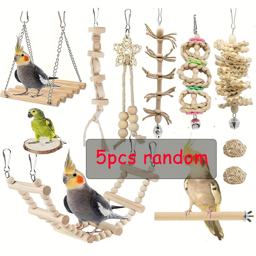 Parrot Cage Toys, 5-Piece Random Bird Swing, Hanging Perch and Climbing Ladder Assortment for Budgies, Parakeets, Cockatiels and Lovebirds