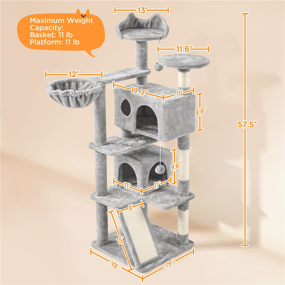 Cat Tree 57 Inch with Two Condos, Plush Multi-Level Indoor Kitten Tower with Round Platform, Ladder and Dangling Ball for Small Cats