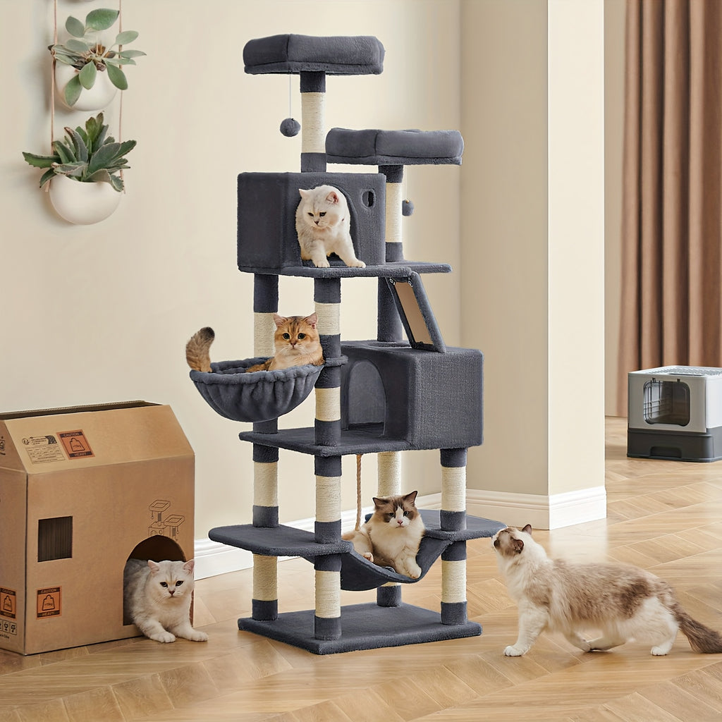 Cat Tree 66.1 Inch with 13 Scratching Posts, Five-Level Indoor Tower with Two Caves, Padded Perches, Basket, Hammock and Scratching Ramp