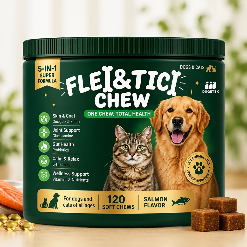 Salmon Flavor Pet Soft Chews for Dogs and Cats, Dogetsk 5-in-1 Formula, 120 Count in One Bottle for Owner-Managed Supplement Routines