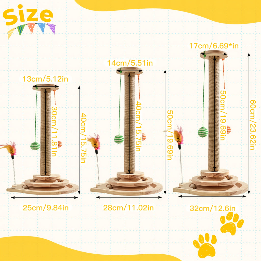 Interactive Cat Scratching Post with Double-Layer Ball Track and Feather Toys, M L XL Cat Scratcher and Replacement Pillar Options for Indoor Cats