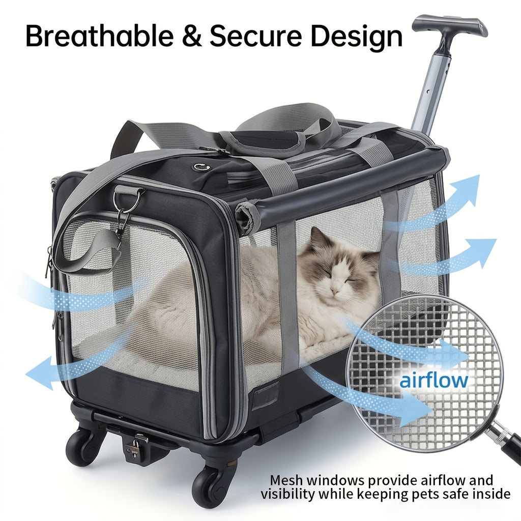 Rolling Pet Carrier Backpack with Telescoping Handle, Ventilated Oxford Cloth Travel Trolley with Zipper Closure and 360° Swivel Wheels