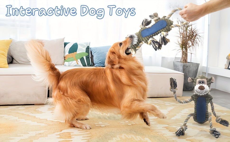 Squeaky Rope Dog Toy with Knotted Pull Loops, Soft Plush Animal Styles for Supervised Gentle Tug Games, Indoor Interactive Play and Dog Birthday Gifts