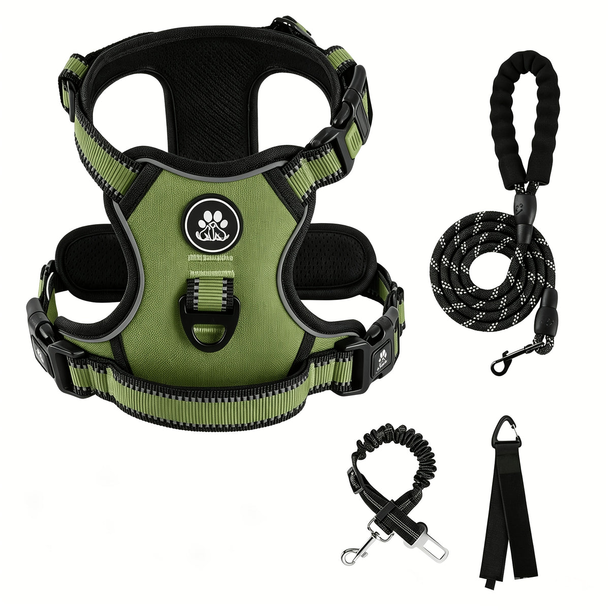 No Pull Dog Harness Set with Three-Buckle Open-Neck Design, Reflective Adjustable Vest, Padded Handle, Leash and Seat Belt, XS-XL