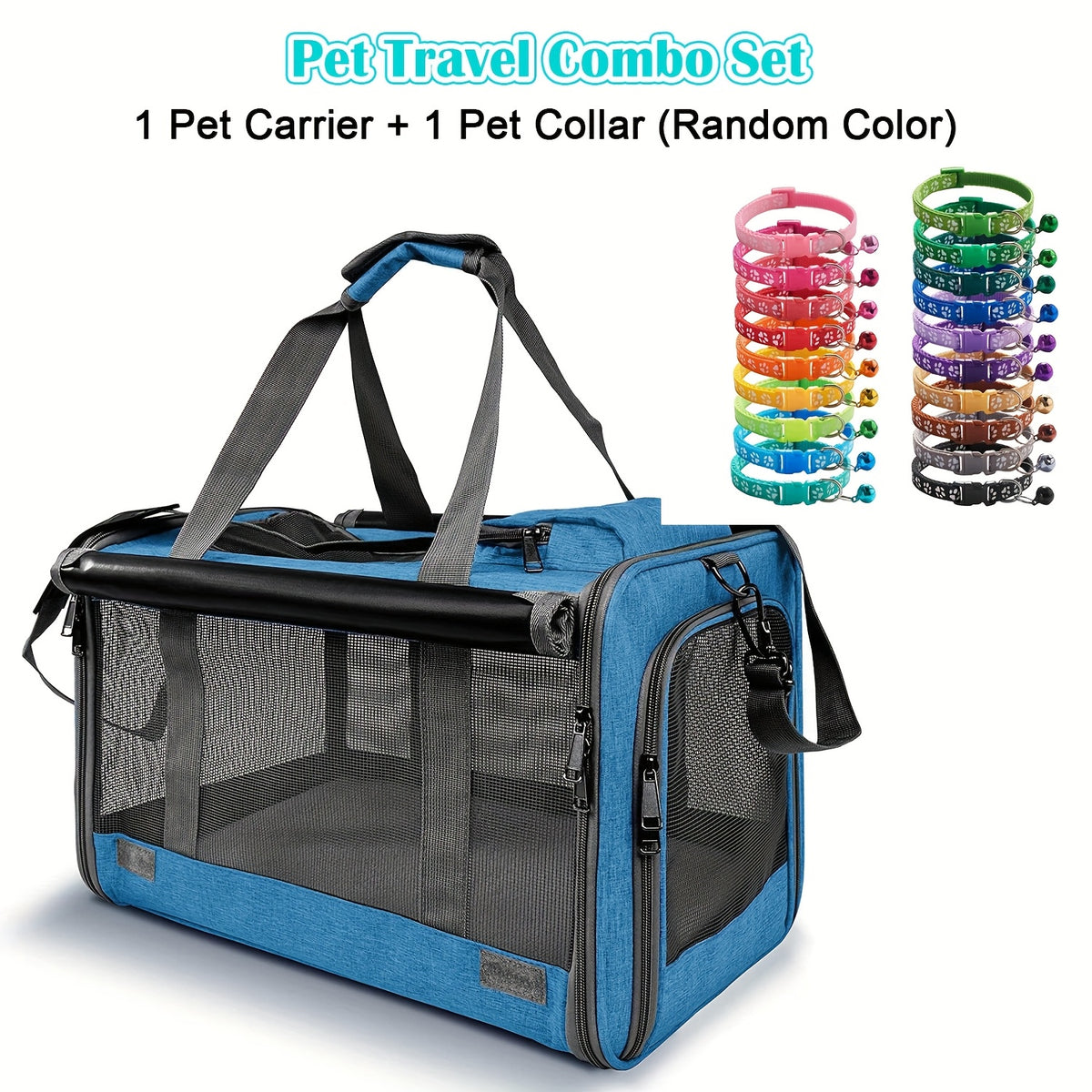 Cat Carrier Travel Set for Cats and Small Dogs, Soft-Sided Breathable Collapsible Pet Bag with Bowl, Collar or Pet Glove Bundle Options