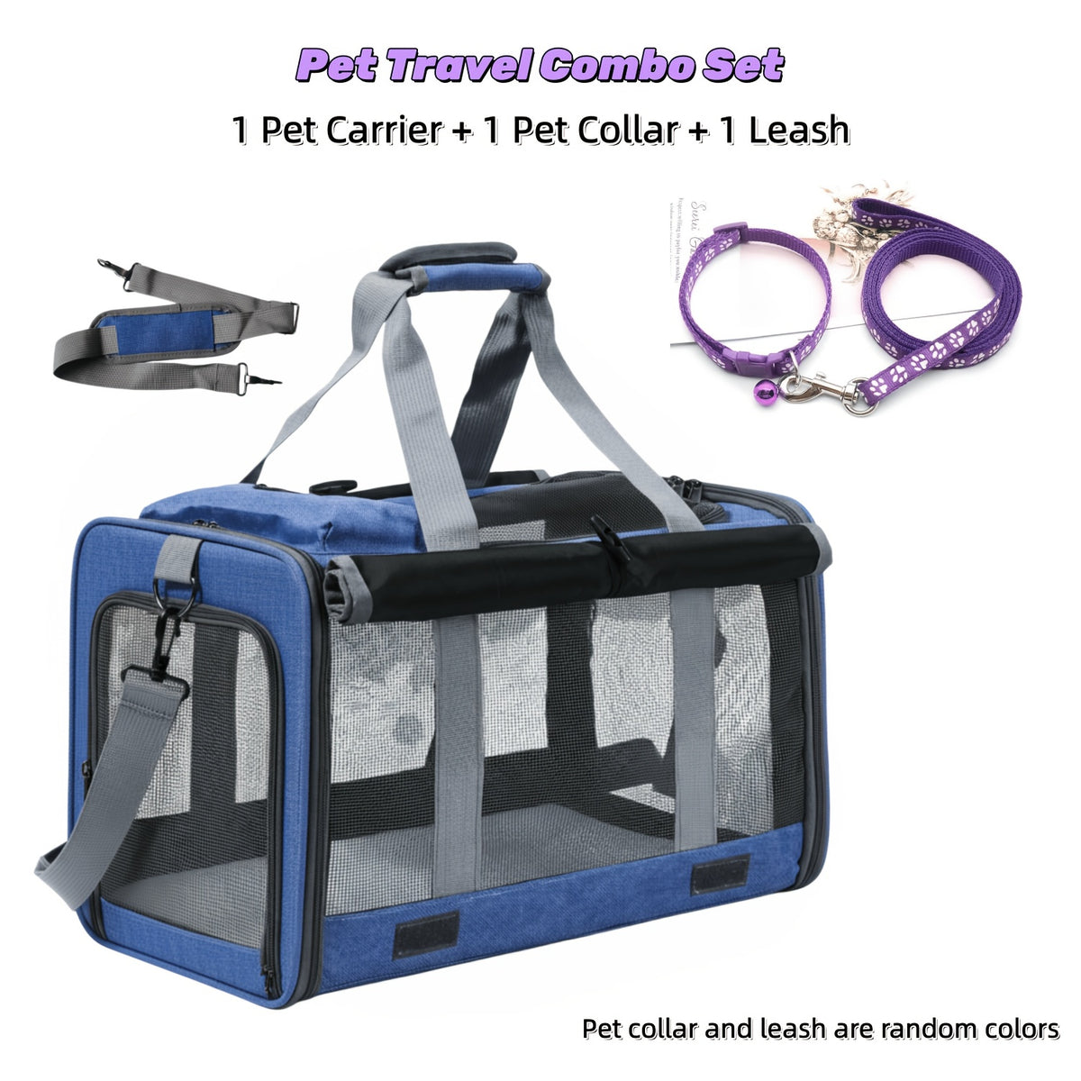 Oxford Pet Carrier for Cats and Small Dogs, Soft-Sided Collapsible Travel Bag with Breathable Design, Privacy Features and Optional Collar Set