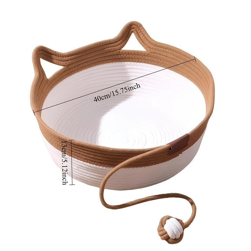 Woven Cat Bed and Scratcher Basket with Cat Ear Rim and Rope Ball Toy, Medium Indoor Lounger for Resting, Scratching and Play
