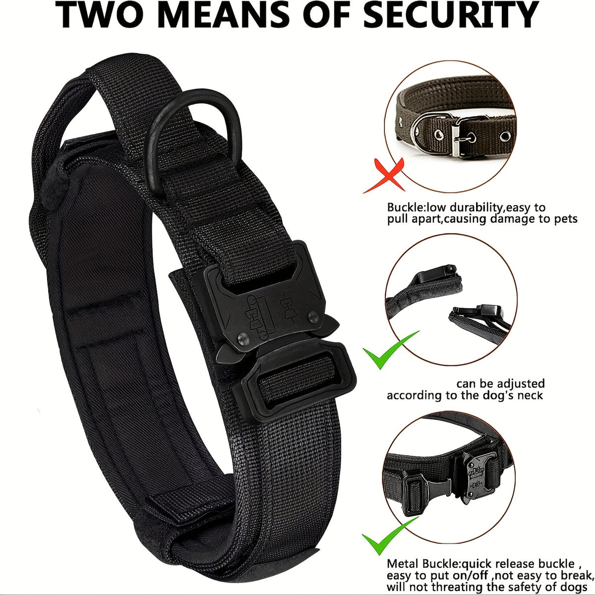 Dog Collar and Leash Set, Adjustable Tactical Polyester Collar with Metal Buckle and D-Ring for Daily Walks and Training, Black or Khaki, M L XL