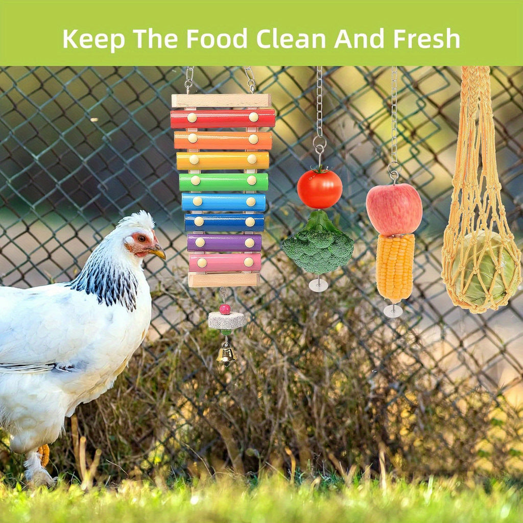 Chicken Enrichment Toys with Xylophone, Mirror, Ladder Bridge and Swing, 5 or 9 Piece Hanging Coop Accessory Sets for Backyard Hens and Poultry Play