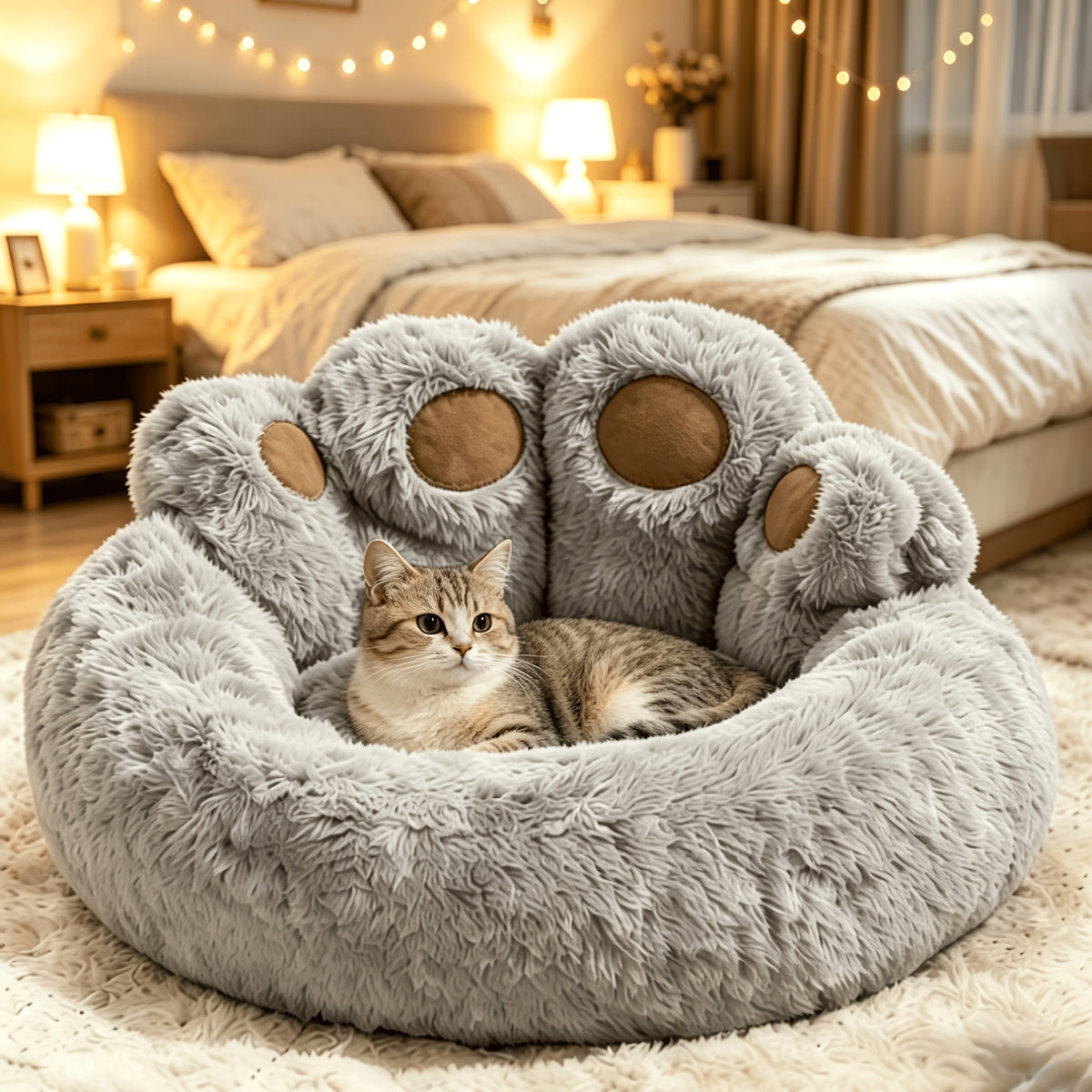Faux Fur Pet Bed with Washable Bear Paw Design, Soft Plush Dog and Cat Sleeping Cushion with Non-Slip Bottom in Three Sizes and Colors