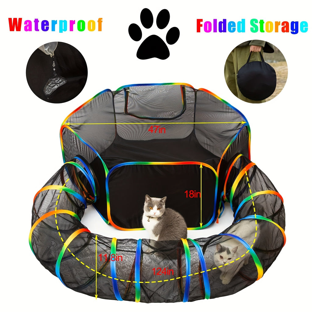 Outdoor Cat Enclosure with Play Tunnel, Portable Mesh Catio Tent with Rainbow Trim for Indoor Cats and Supervised Backyard Exploration