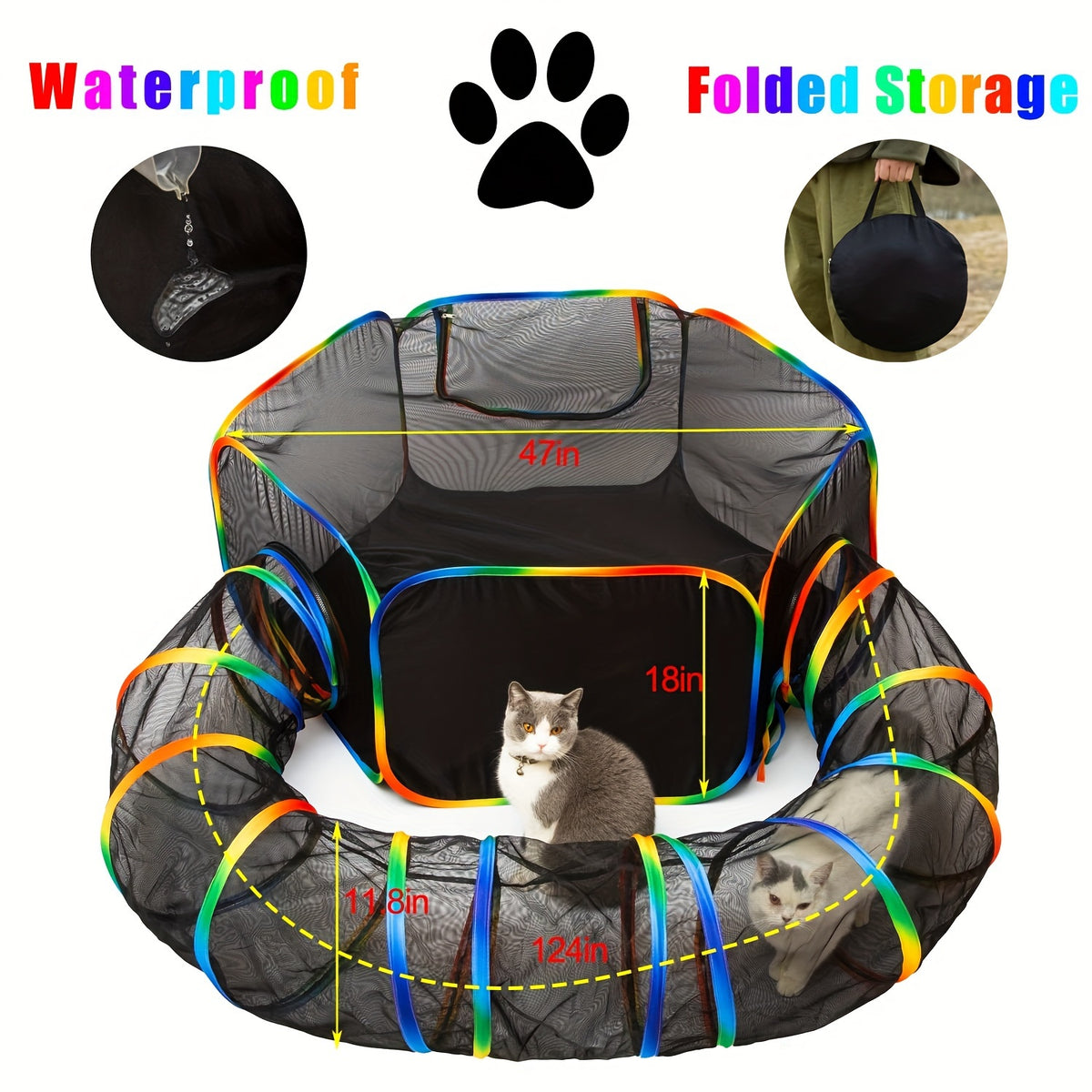 Outdoor Cat Enclosure with Play Tunnel, Portable Mesh Catio Tent with Rainbow Trim for Indoor Cats and Supervised Backyard Exploration
