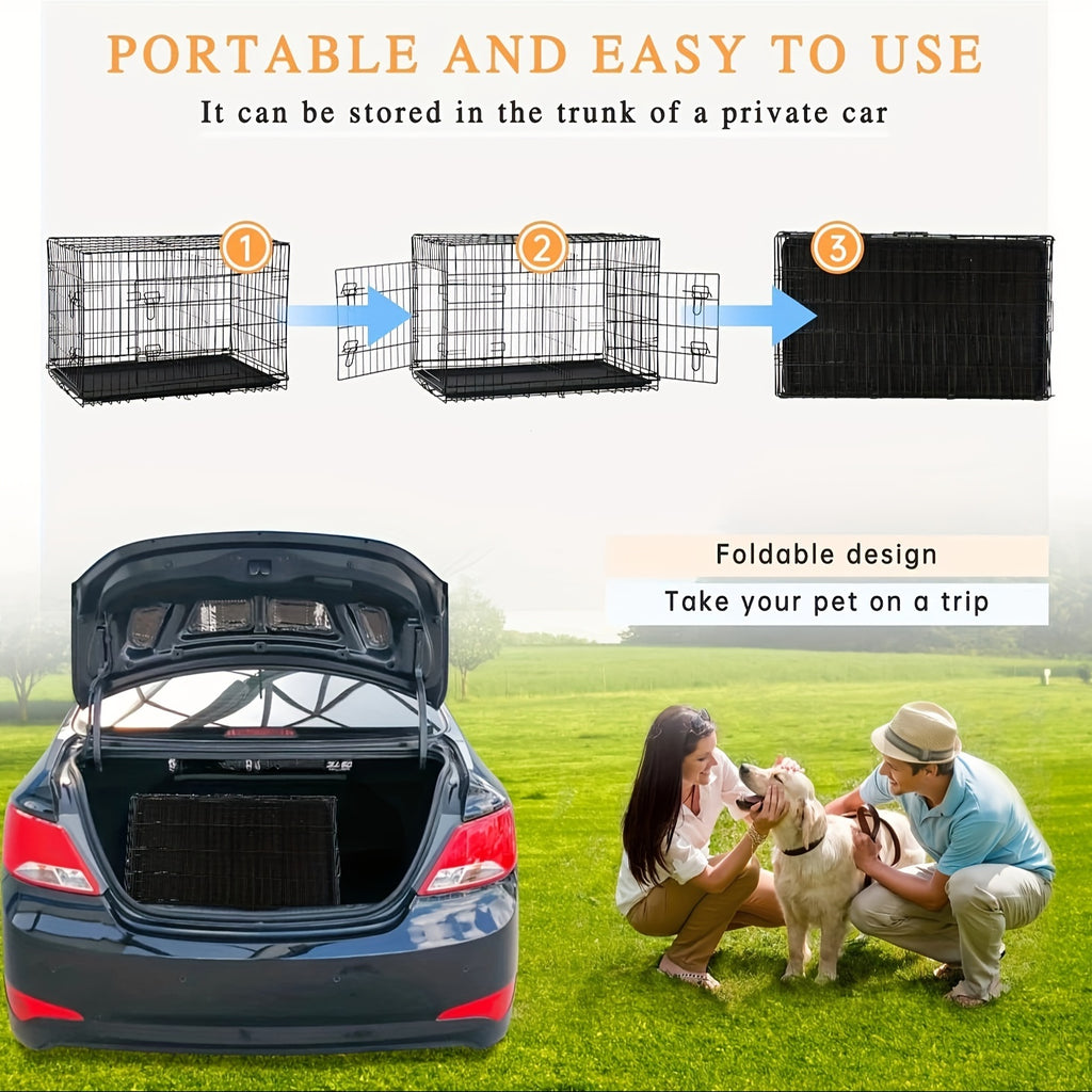 Dog Crate 42 or 48 Inch with Double Doors, Folding Metal Wire Kennel with Divider and Removable Leak-Proof Tray in Black, Blue or Pink for Home Training
