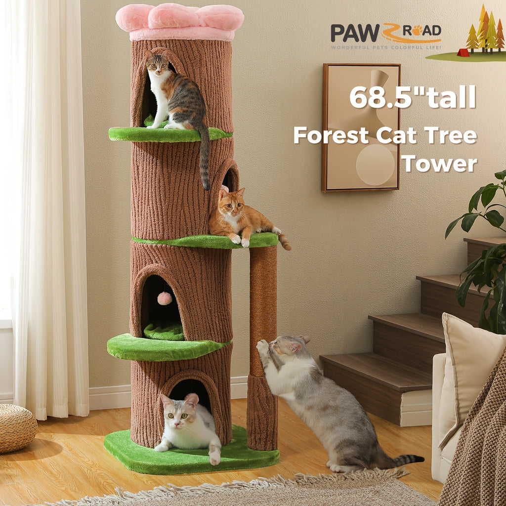 Forest Cat Tree Tower with Flower Top Perch, Indoor Climbing and Resting Furniture in 35.8, 56.3 or 68.5 Inch Height and Color Options