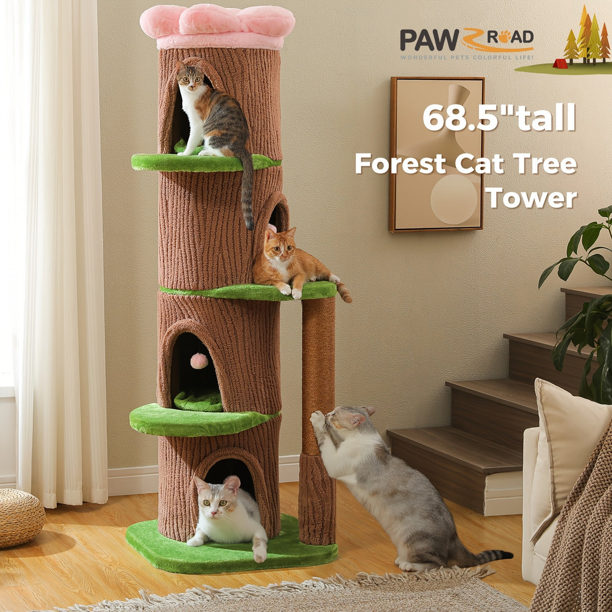 Forest Cat Tree Tower with Flower Top Perch, Indoor Climbing and Resting Furniture in 35.8, 56.3 or 68.5 Inch Height and Color Options
