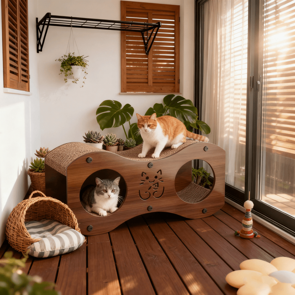 Cat Scratcher Lounge with Double Tunnel Openings, Curved Corrugated Cardboard Scratching Bed with Walnut Color Side Panels for Indoor Rest and Play