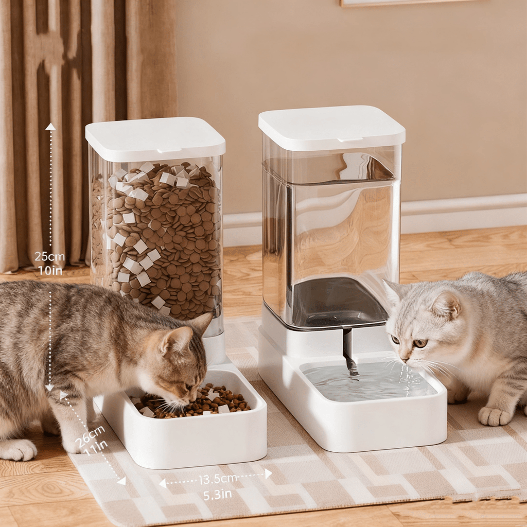 Cat Gravity Feeder and Water Dispenser Set in White, Battery-Free Pet Feeding Station with Non-Slip Base for Everyday Indoor Food and Water Access