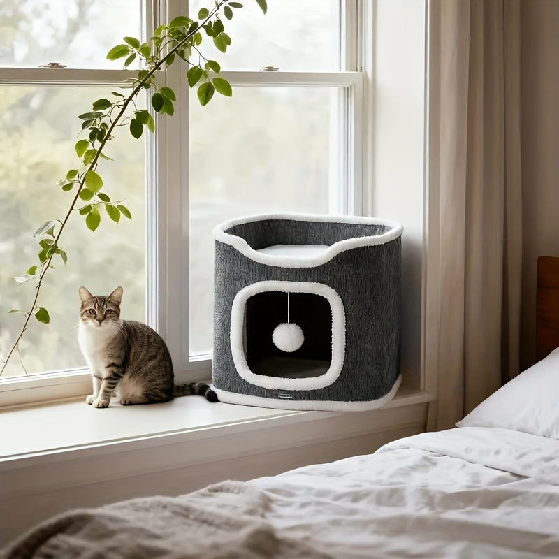 Cat Condo Tower with Foldable Design, Gray Indoor Cat Hideaway with Top Lounge, Detachable Panels and Scratching Surface, DC 13IN or 23IN-M Options
