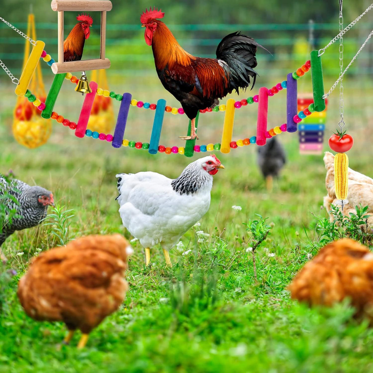 Chicken Enrichment Toys with Xylophone, Mirror, Ladder Bridge and Swing, 5 or 9 Piece Hanging Coop Accessory Sets for Backyard Hens and Poultry Play