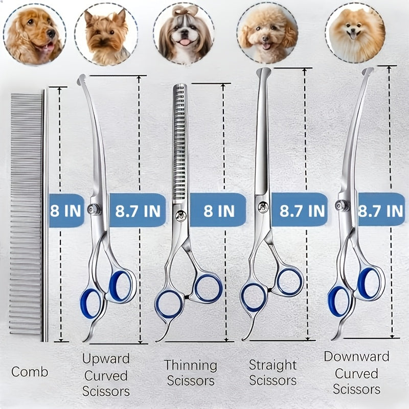 Pet Grooming Scissors 6-Piece Set with Titanium-Coated 4CR Stainless Steel and Rounded Tips, Manual Coat Trimming Tools for Dogs and Cats