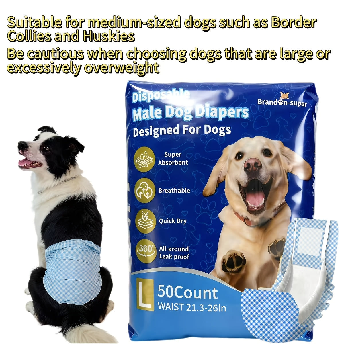 Absorbent Disposable Dog Diapers 50 Pack, Male and Female Style Options in XS to L for Puppies, Senior Dogs and Everyday Accident Care