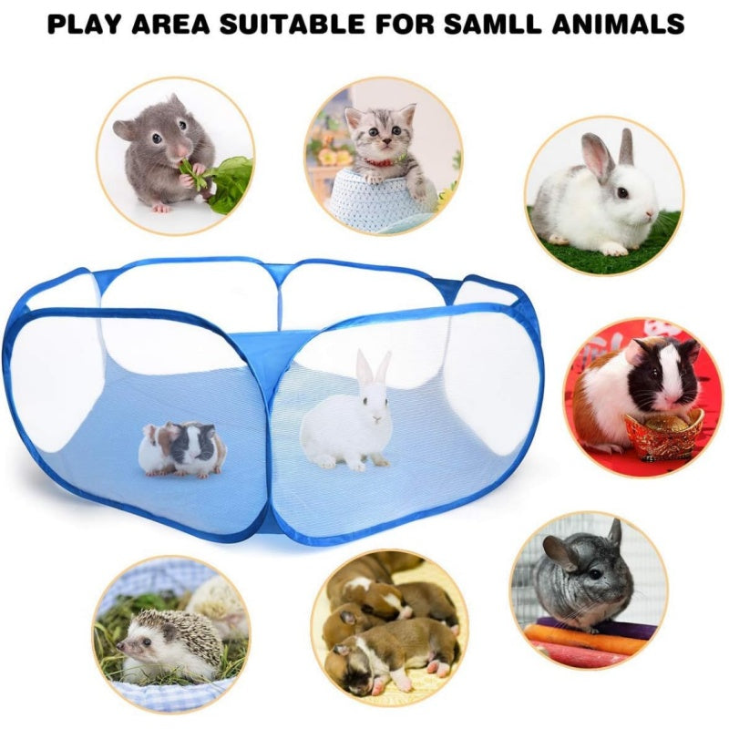 Portable Small Animal Playpen in Blue with Mesh Cover, Indoor Outdoor Pet Enclosure for Supervised Guinea Pig, Rabbit and Kitten Play