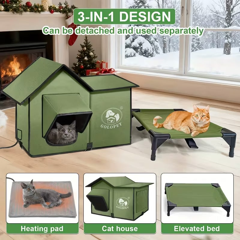 Cat House with Detachable Heating Pad, XL 21 x 17 x 17 Inch Pet Shelter and Elevated Bed for Cats and Small Dogs, Indoor and Outdoor Use