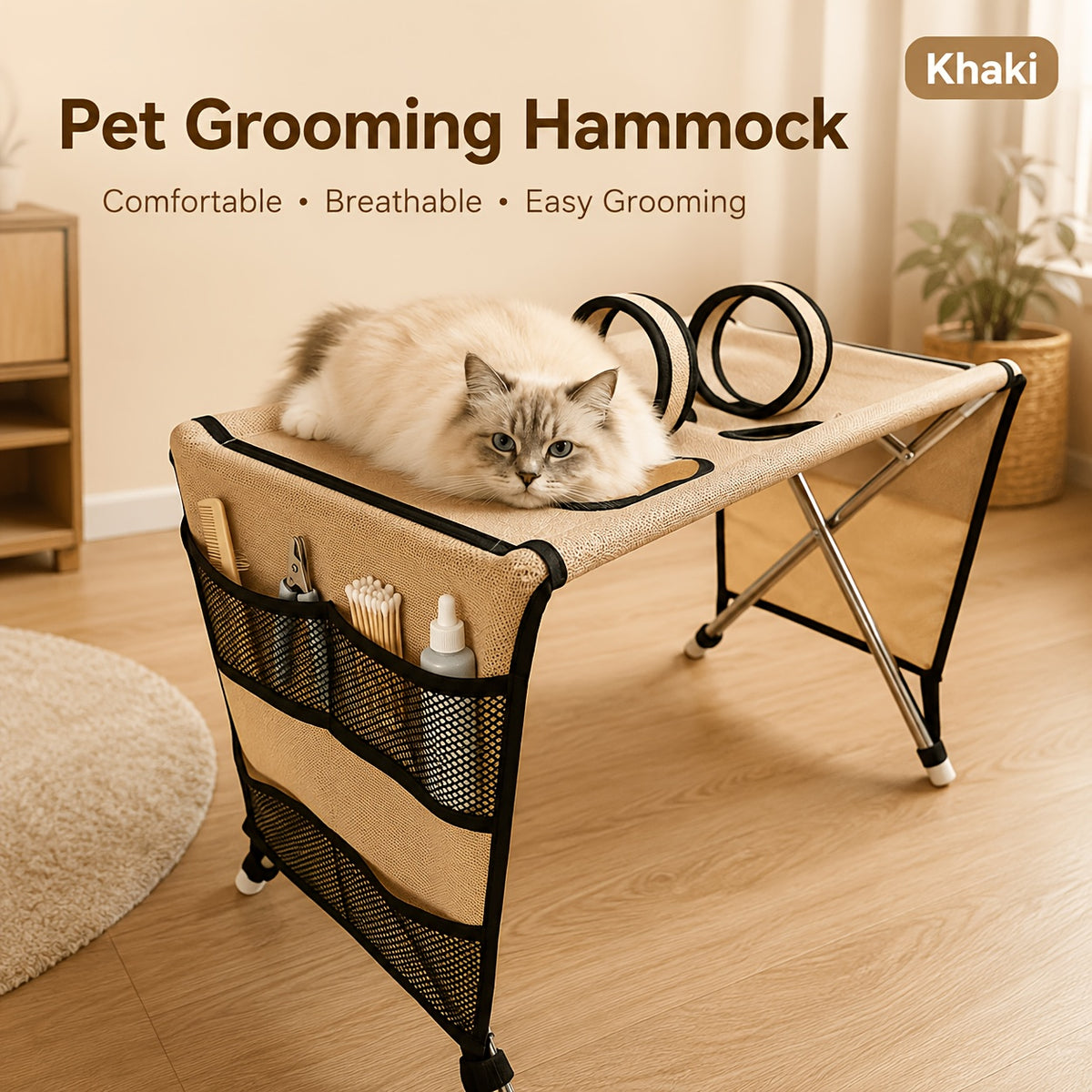 Pet Grooming Hammock with Stand for Nail Trimming, Foldable Mesh Support Bed for Cats and Dogs, Bathing and At-Home Paw Care