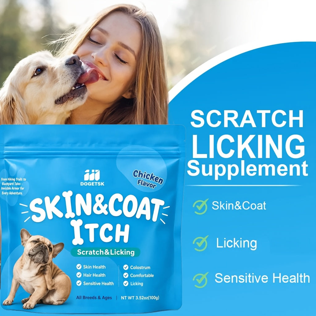 Dog Omega-3 Chew Tablets in Portable Pouches, Chicken Flavor Canine Supplement with Listed Coconut Oil and Brewer's Yeast, 100g or Two-Pack