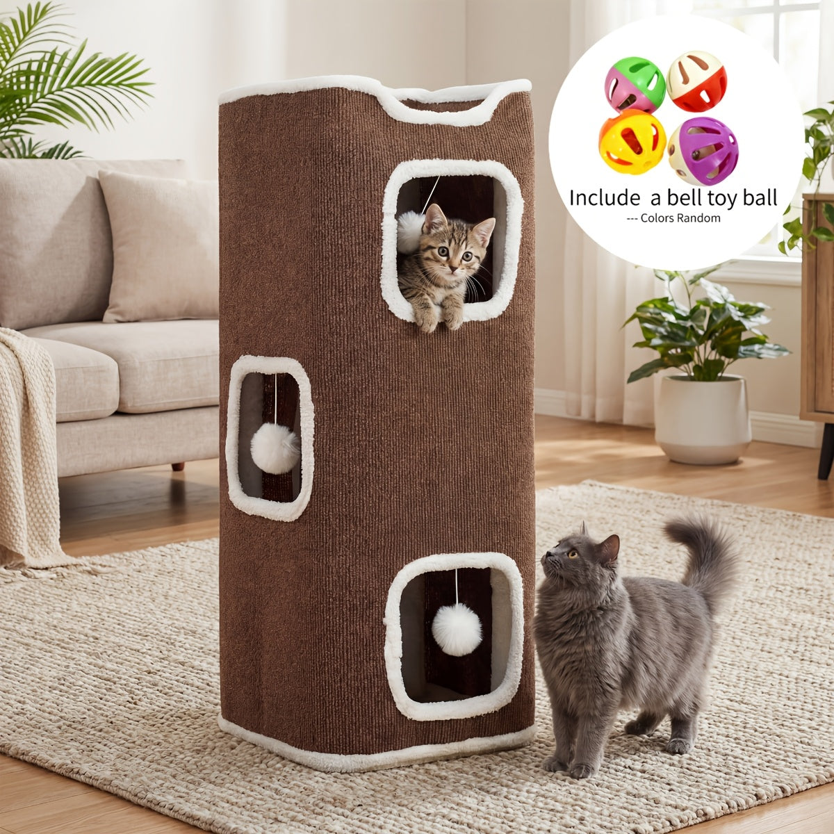 Cat Condo Cube Tower for Indoor Cats, Space-Saving Cat House Bed with Hanging Plush Ball, One to Three Stories in Beige, Coffee or Light Gray