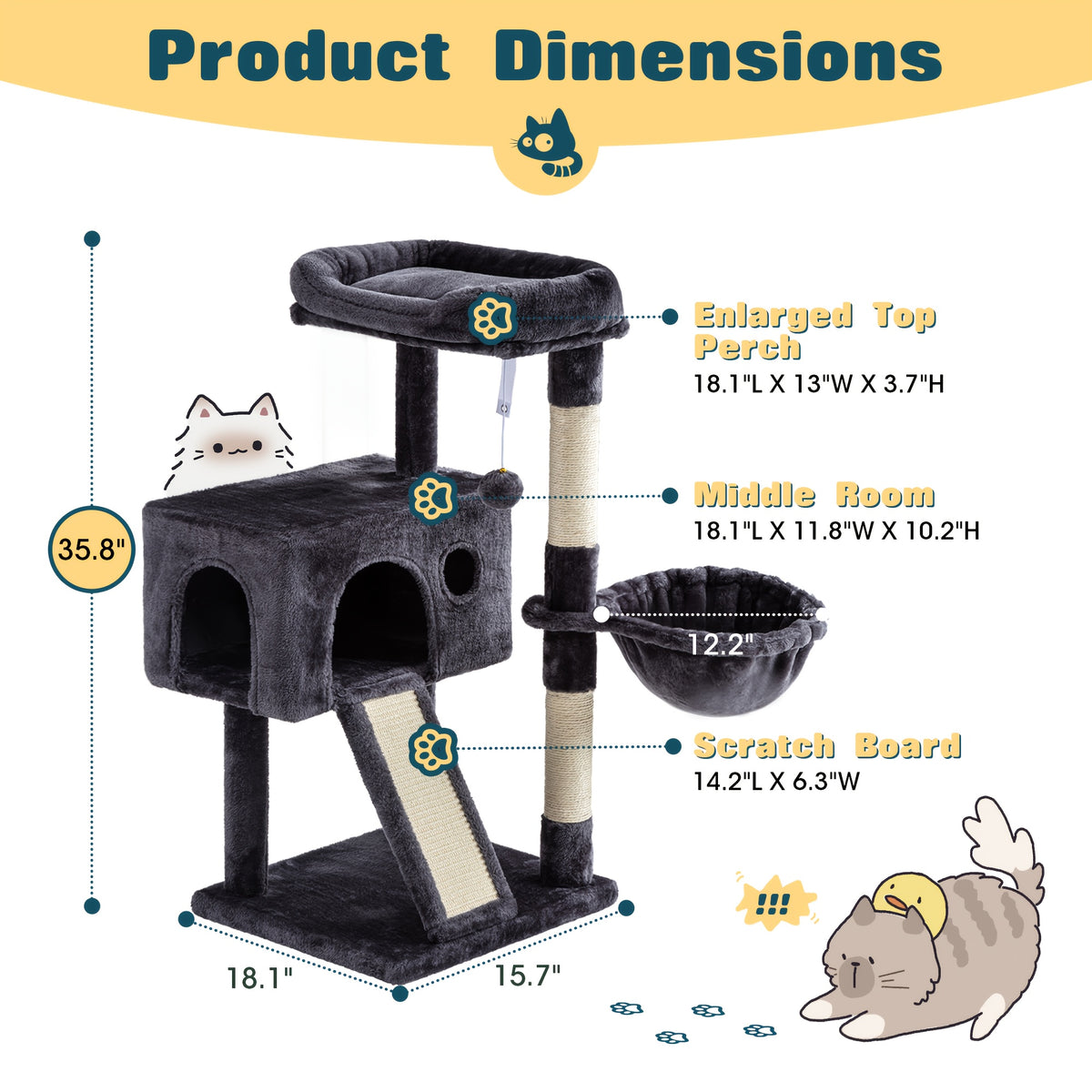 Multi-Size Cat Tree Tower for Indoor Cats, 36 65 68 or 81 Inch Multi-Level Pet Furniture with Sisal Scratching Posts and Plush Resting Areas