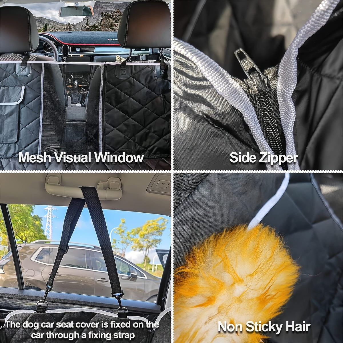 Nylon Dog Car Seat Cover with Mesh Windows and Storage Pockets, Non-Slip Gray Black Pet Hammock for Everyday Car, Truck and SUV Travel