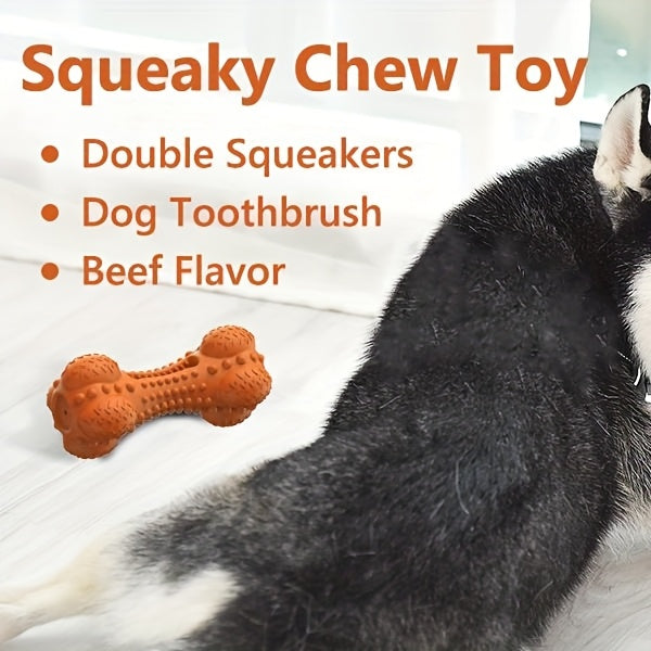 Rubber Dog Chew Bone with Dual Squeakers, Textured Natural Rubber Toy with Beef Scent for Medium and Large Dogs, Interactive Fetch and Supervised Play