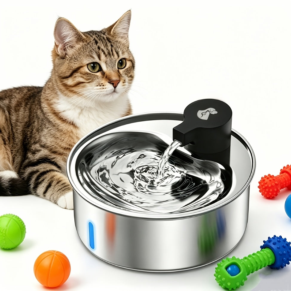 5L Stainless Steel Cat Water Fountain with Water Level Window and Red Blue LED Indicators, Quiet Pet Drinking Dispenser for Dogs and Cats with 2, 5 or 8 Filters