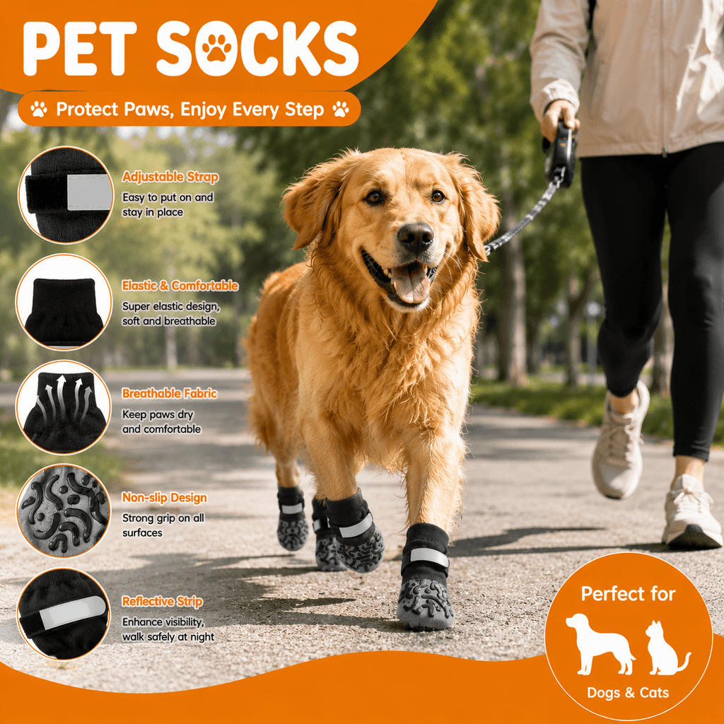 Dog Grip Socks with Snap Buttons and Adjustable Straps, 4 Black Breathable Paw Covers for Hardwood Floors, Non-Slip Pet Socks in XS-XL