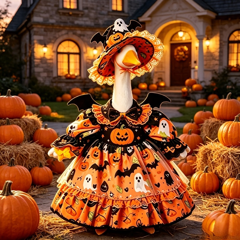 Halloween Porch Goose Costume for 23-Inch Decorative Statues, Orange Witch Dress Outfit with Lace Trim and Bat Pumpkin Theme for Fall Decor