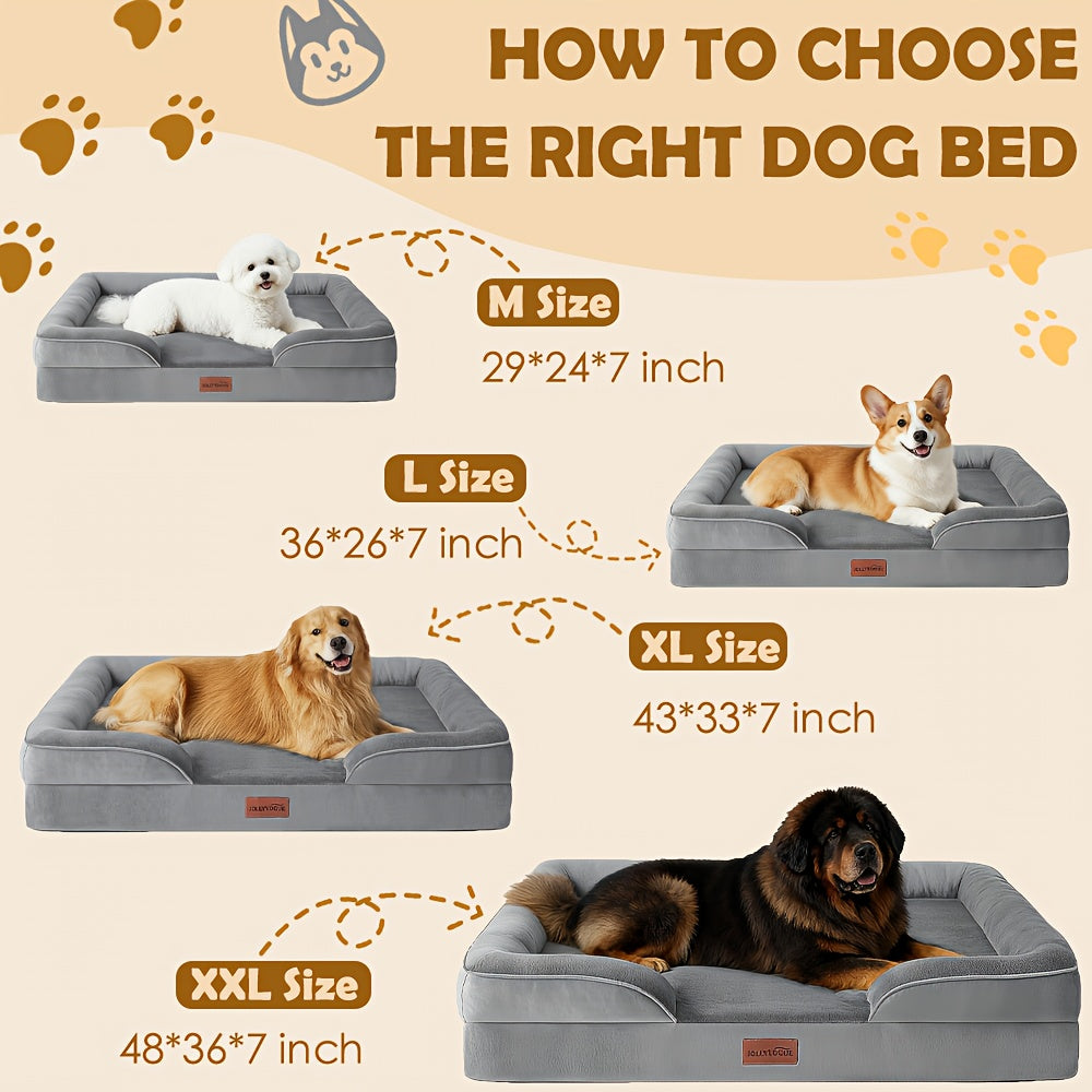 Four-Sided Bolster Dog Bed with Egg-Crate Foam, Grey Flannel Pet Sofa with Removable Washable Cover, Lowered Entry and Non-Skid Bottom, M to XXL