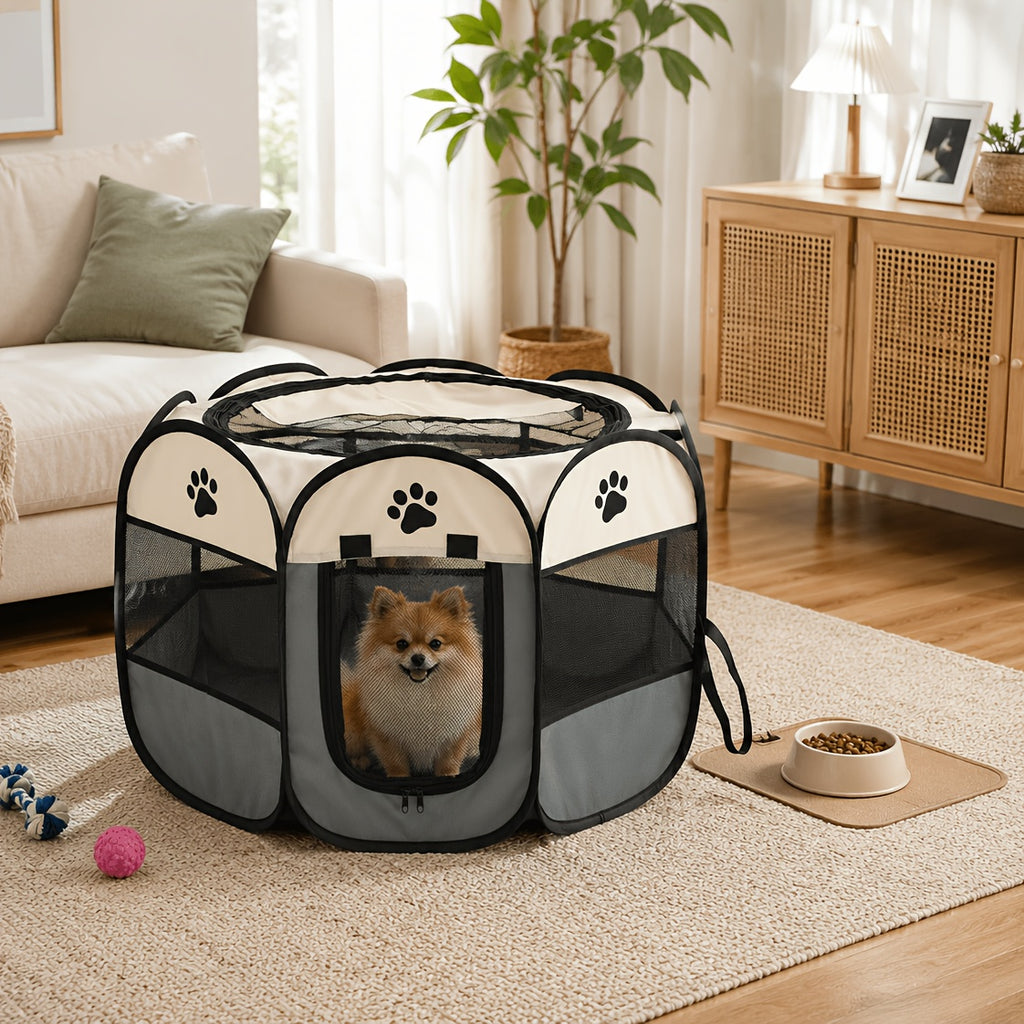 Oxford Cloth Pet Playpen for Dogs and Cats, Foldable Octagonal Travel Enclosure for Supervised Indoor Outdoor Use, Coffee or Grey in S M L
